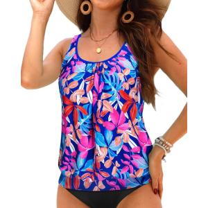 imageYonique Womens Blouson Tankini Top No Bottom Loose Fit Swim Top Modest Tank TopColorful Leaves