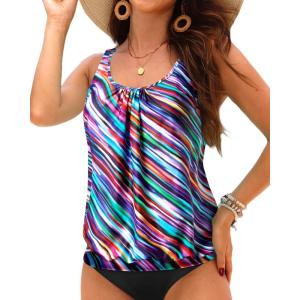 imageYonique Womens Blouson Tankini Top No Bottom Loose Fit Swim Top Modest Tank TopColorful Stripe