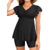 imageYonique Women Tankini with Shorts and Pocket Two Piece Swimsuits Ruffle Sleeve Bathing Suit Flowy Swimwear Black XXLarge