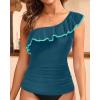 imageYonique Womens One Shoulder Tankini Swim Tops Ruffle Bathing Suit Tops No BottomsTeal