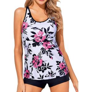 imageYonique 2 Piece Tankini Swimsuits for Women with Boy Shorts Athletic Swim Tank Top Bathing Suits White Pink Floral M