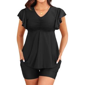 imageYonique Women Tankini with Shorts and Pocket Two Piece Swimsuits Ruffle Sleeve Bathing Suit Flowy Swimwear Black XXLarge