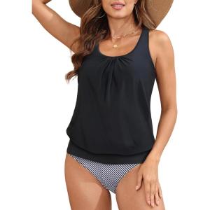 imageYonique Women Two Piece Tankini Blouson Swimsuit Bathing Suits Racerback Swim Tank Tops with Bottoms Tummy Control SwimwearBlack