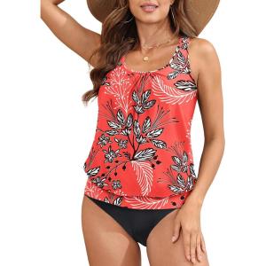 imageYonique Women Two Piece Tankini Blouson Swimsuit Bathing Suits Racerback Swim Tank Tops with Bottoms Tummy Control SwimwearRed Floral