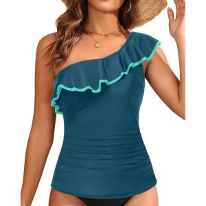 imageYonique Womens One Shoulder Tankini Swim Tops Ruffle Bathing Suit Tops No BottomsTeal
