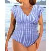 imageYonique Plus Size Swimsuits for Women One Piece Tummy Control Bathing Suits Ruffle SwimwearBlue Stripe