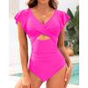 imageYonique Womens One Piece Swimsuits  Tummy Control Bathing Suit Slimming Swimwear with Ruffle Sleeve Pink Large
