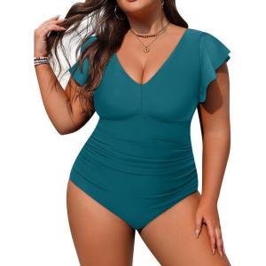 imageYonique Plus Size Swimsuits for Women One Piece Tummy Control Bathing Suits Ruffle SwimwearTeal