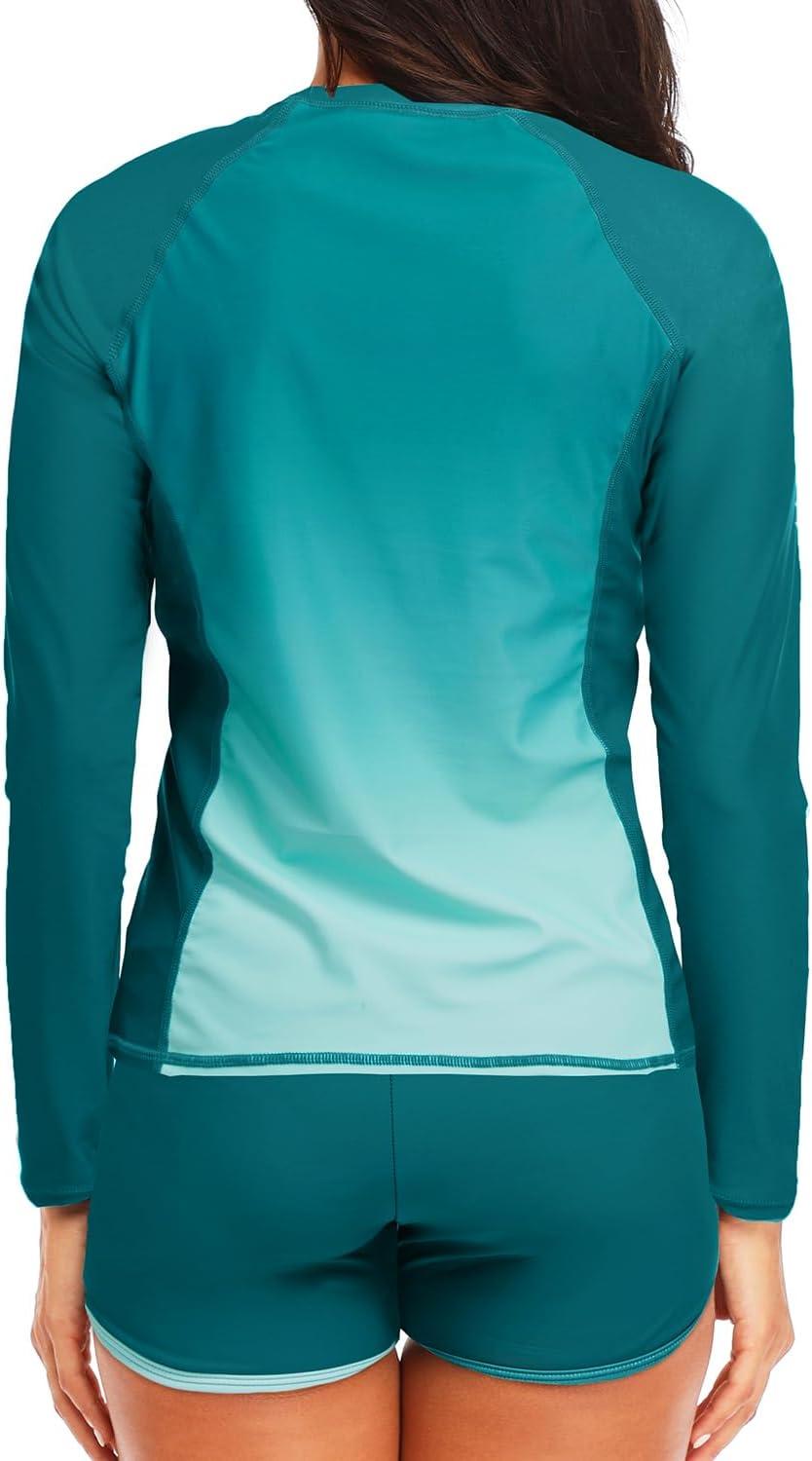 imageWomen Long Sleeve Rash Guard  Two Piece Swimsuit with Shorts UPF 50 Bathing Suit Built in Bra Surf Swim Shirt Turquoise Gradient XXL