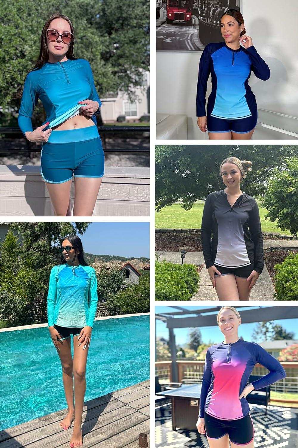 imageWomen Long Sleeve Rash Guard  Two Piece Swimsuit with Shorts UPF 50 Bathing Suit Built in Bra Surf Swim Shirt Turquoise Gradient XXL