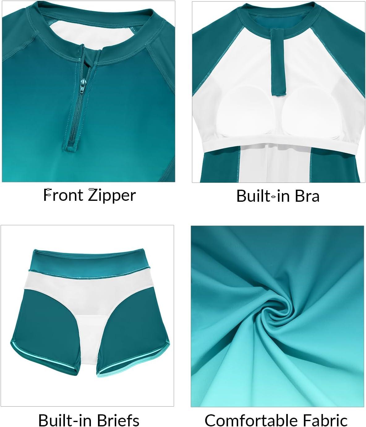 imageWomen Long Sleeve Rash Guard  Two Piece Swimsuit with Shorts UPF 50 Bathing Suit Built in Bra Surf Swim Shirt Turquoise Gradient XXL