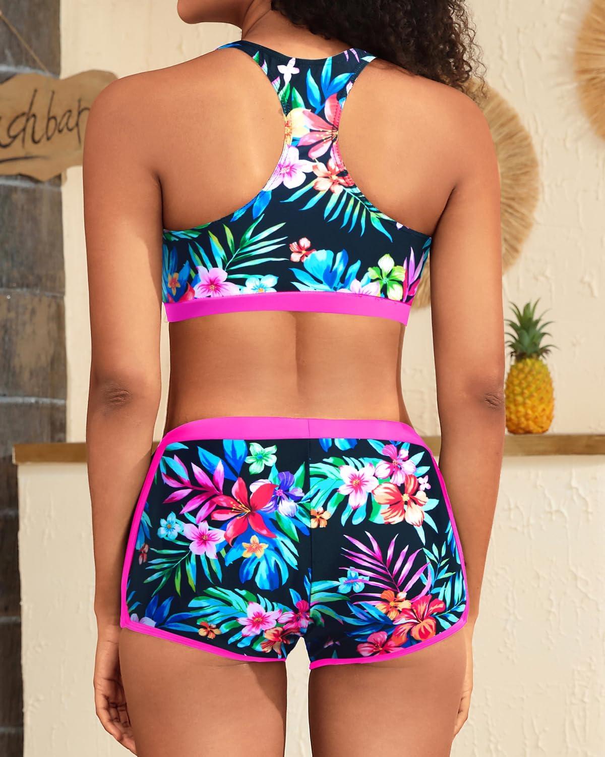 imageYonique 3 Piece Athletic Tankini Swimsuits for Women with Shorts Swim Tank Tops with Sports Bra and Boyshorts Bathing SuitsColorful Floral 01