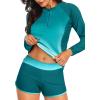 imageWomen Long Sleeve Rash Guard  Two Piece Swimsuit with Shorts UPF 50 Bathing Suit Built in Bra Surf Swim Shirt Turquoise Gradient XXL