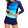 imageWomen Long Sleeve Rash Guard  Two Piece Swimsuit with Shorts UPF 50 Bathing Suit Built in Bra Surf Swim ShirtBlue Gradient