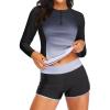 imageWomen Long Sleeve Rash Guard  Two Piece Swimsuit with Shorts UPF 50 Bathing Suit Built in Bra Surf Swim ShirtBlack Gradient