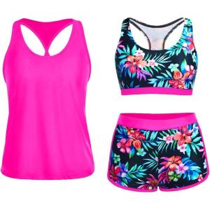 imageYonique 3 Piece Athletic Tankini Swimsuits for Women with Shorts Swim Tank Tops with Sports Bra and Boyshorts Bathing SuitsColorful Floral 01