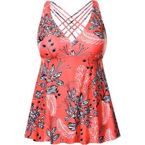 imageYonique Plus Size Tankini Tops for Women No Bottom Flowy Bathing Suit Top V Neck Swim TopRed Floral 01