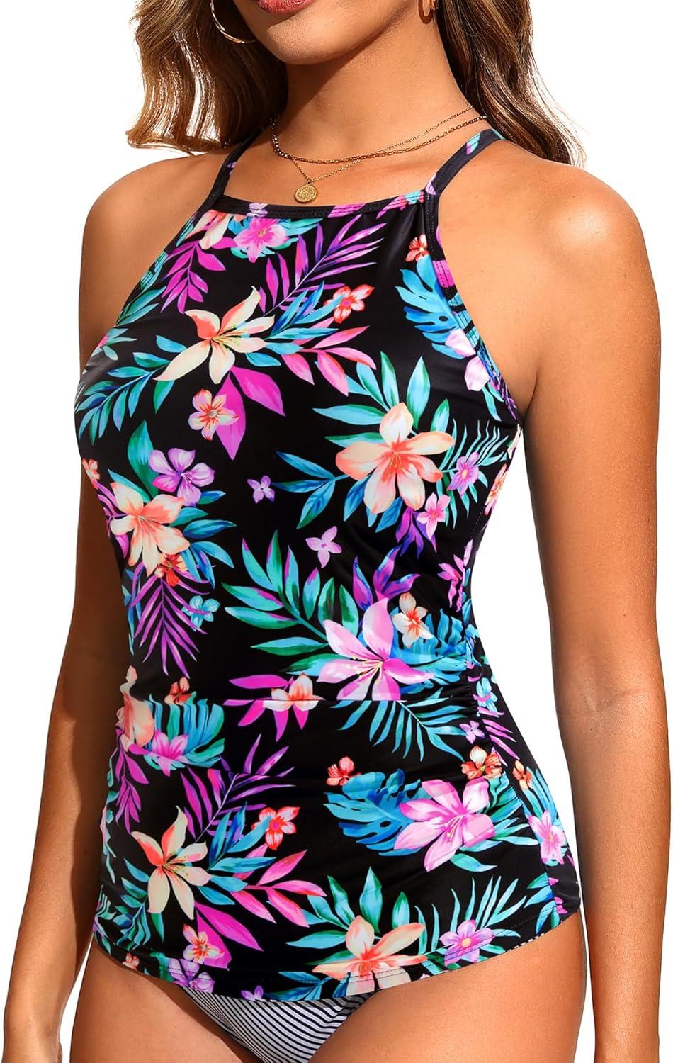 imageWomen Tankini Swim Top Only  High Neck Bathing Suit Tops Tummy Control Tank Top No BottomColorful Floral