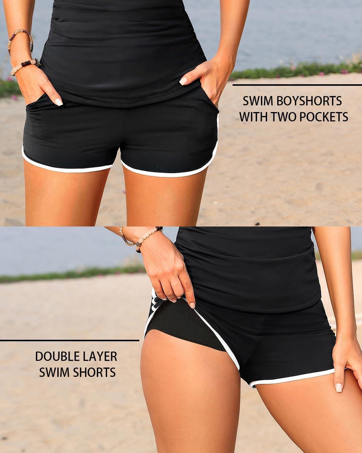 imageWomen Tankini Swimsuit with Shorts  Two Piece Tummy Control Bathing Suit with Pockets 2025 SwimwearBlack and White