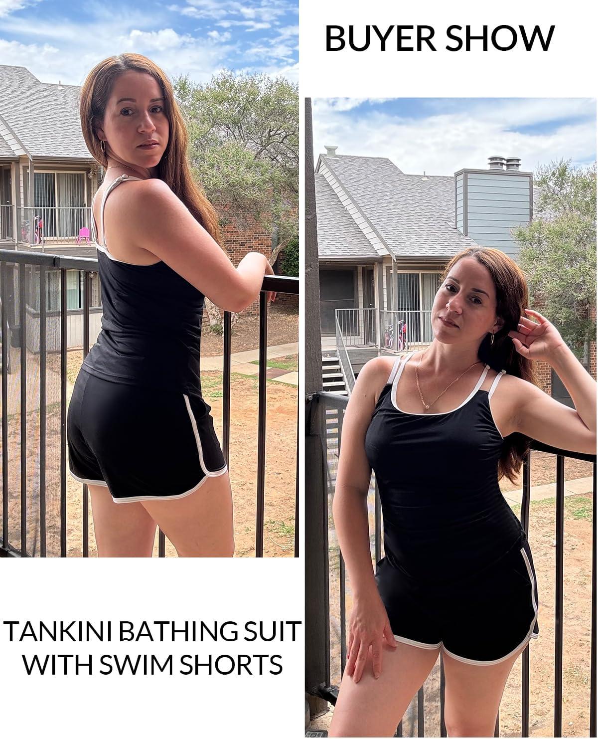 imageWomen Tankini Swimsuit with Shorts  Two Piece Tummy Control Bathing Suit with Pockets 2025 SwimwearBlack and White
