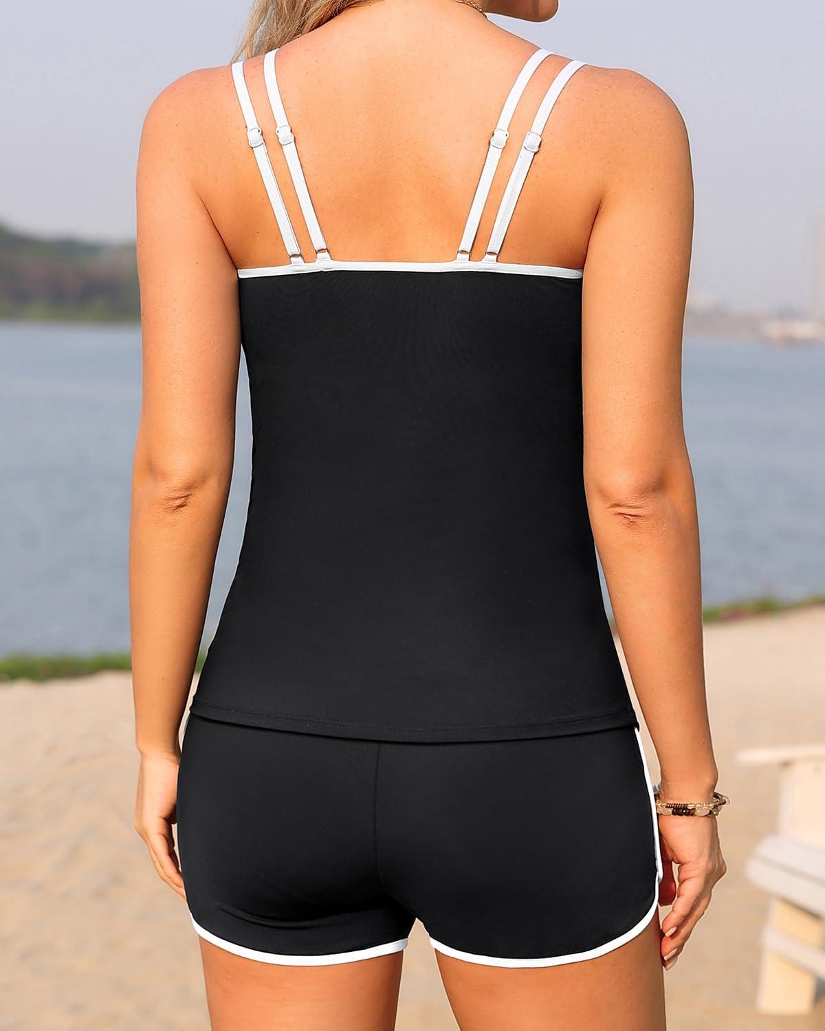 imageWomen Tankini Swimsuit with Shorts  Two Piece Tummy Control Bathing Suit with Pockets 2025 SwimwearBlack and White