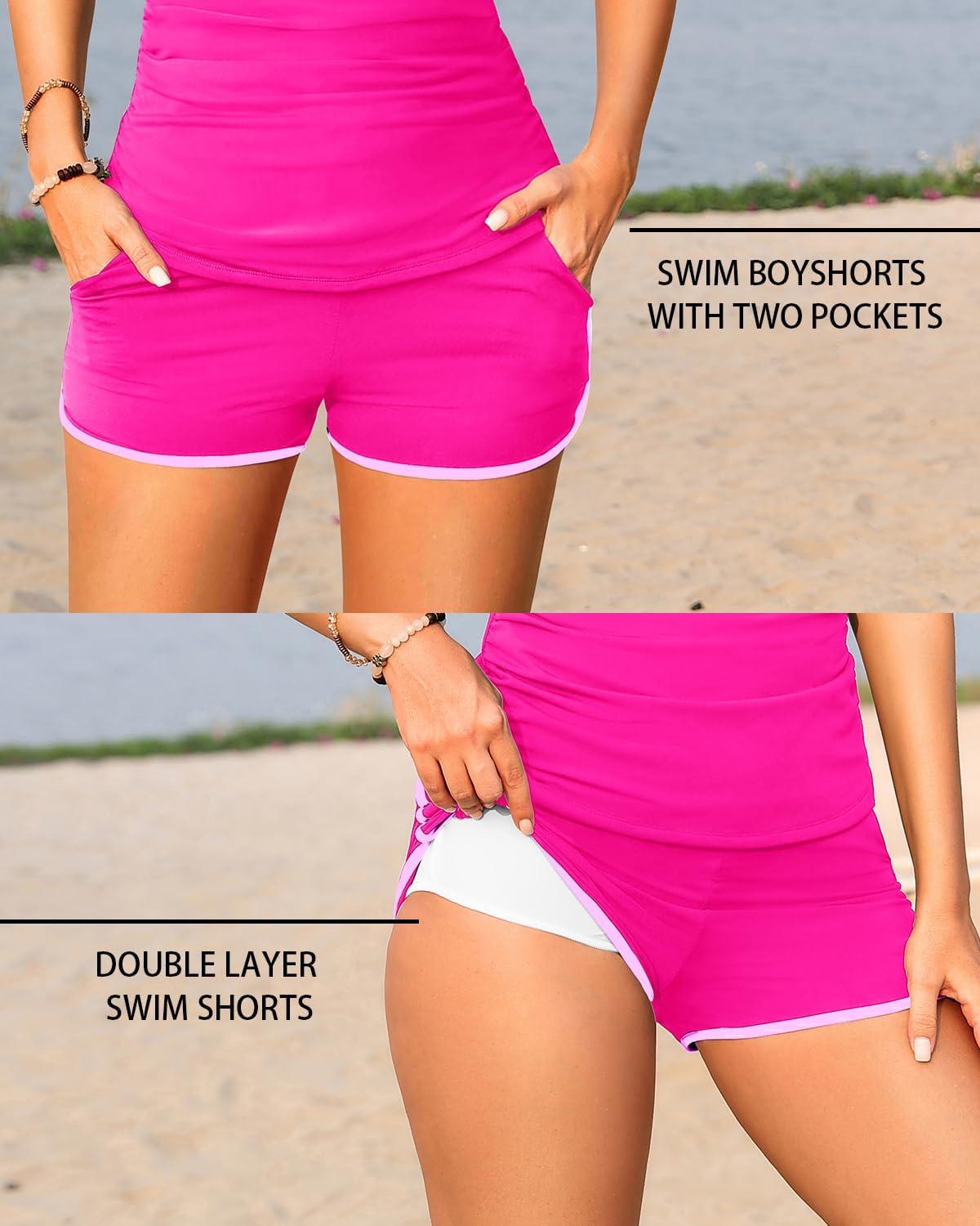 imageWomen Tankini Swimsuit with Shorts  Two Piece Tummy Control Bathing Suit with Pockets 2025 SwimwearPink