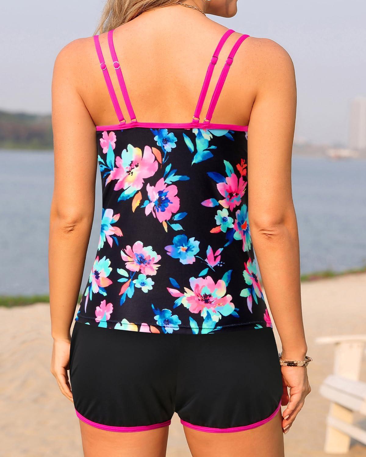 imageWomen Tankini Swimsuit with Shorts  Two Piece Tummy Control Bathing Suit with Pockets 2025 SwimwearPink Colorful Floral