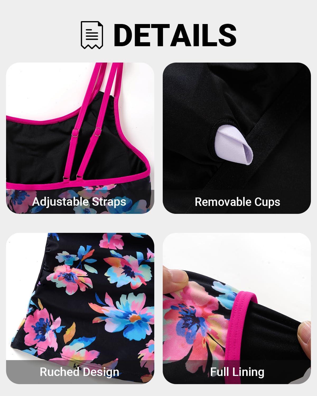 imageWomen Tankini Swimsuit with Shorts  Two Piece Tummy Control Bathing Suit with Pockets 2025 SwimwearPink Colorful Floral