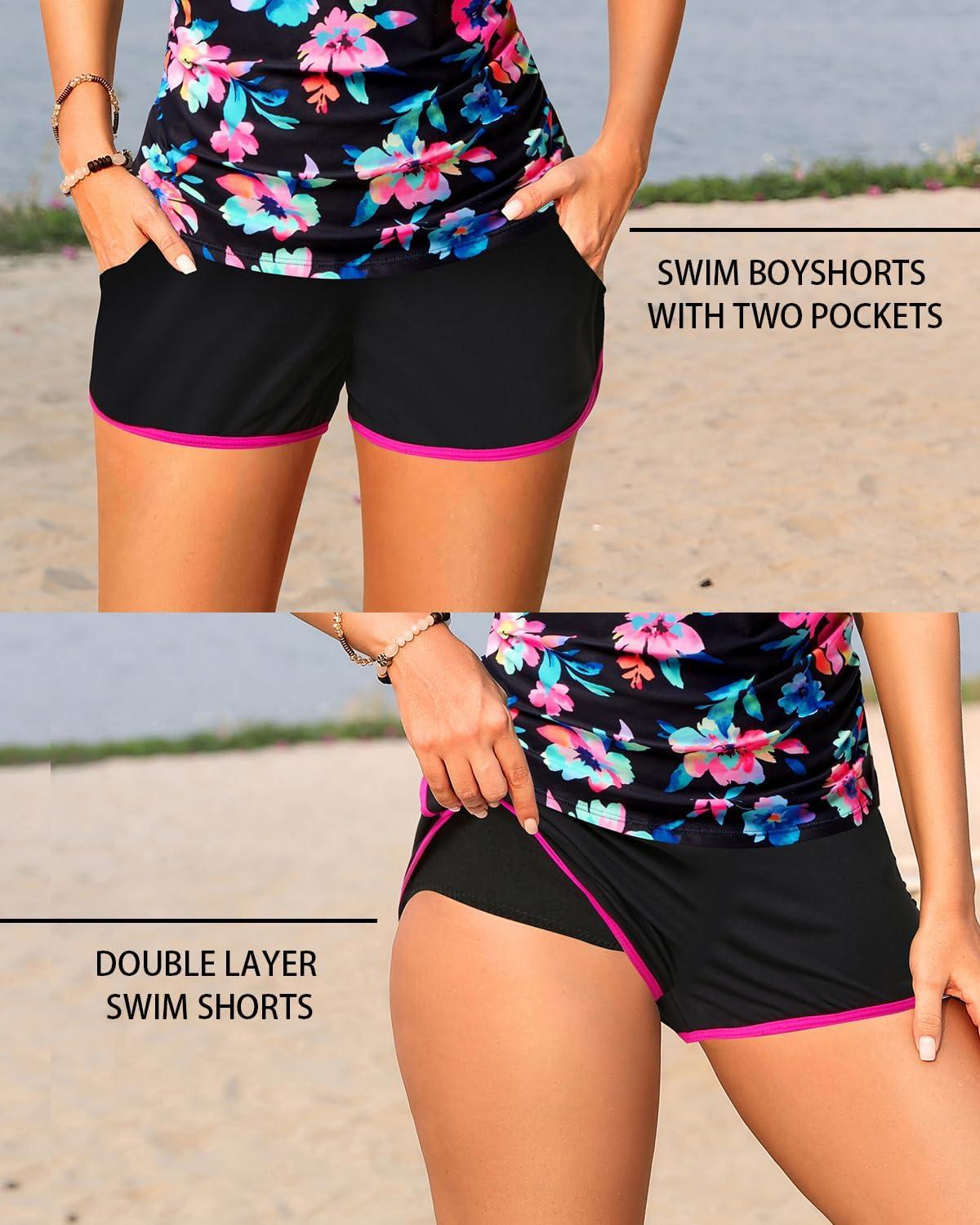 imageWomen Tankini Swimsuit with Shorts  Two Piece Tummy Control Bathing Suit with Pockets 2025 SwimwearPink Colorful Floral