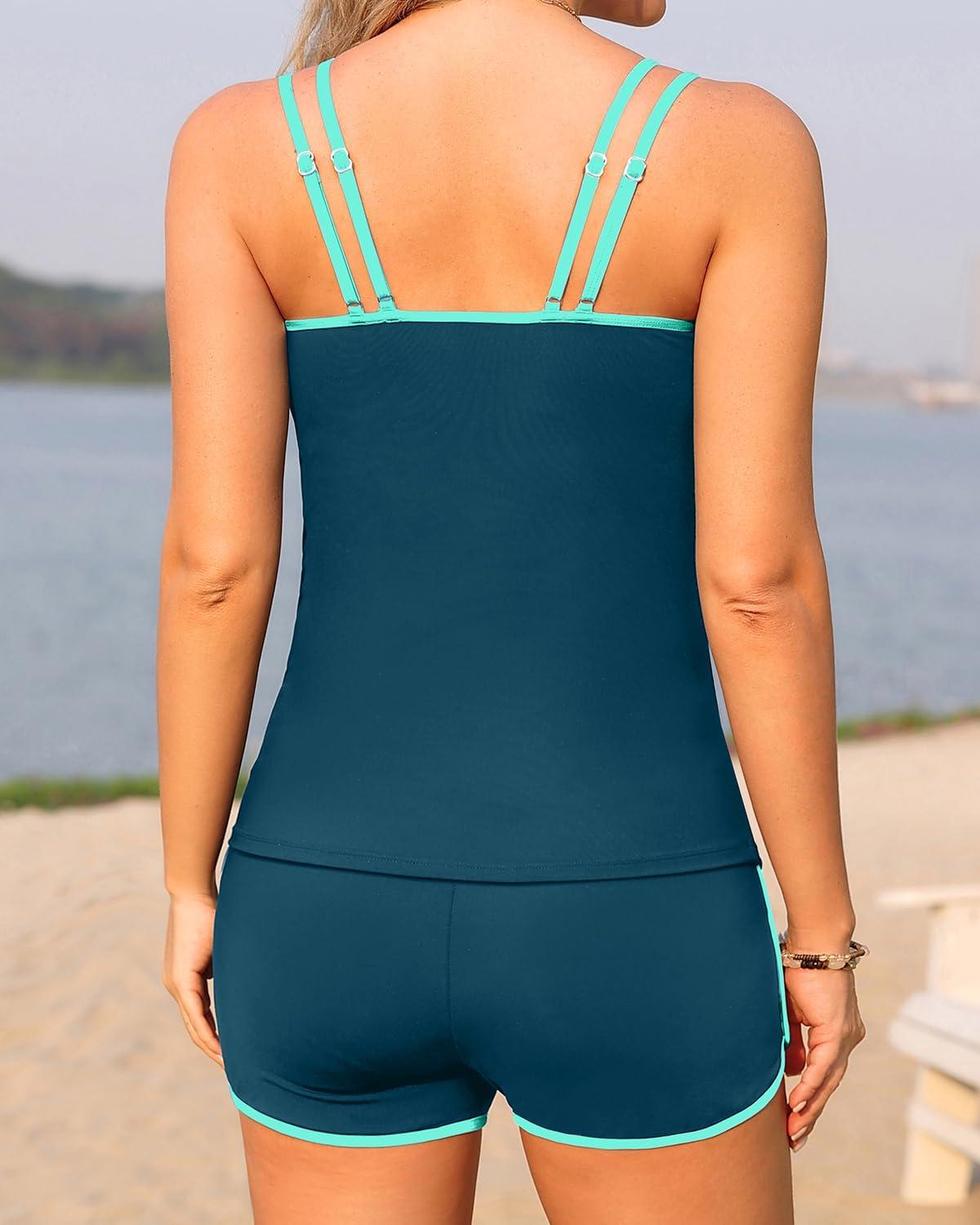 imageWomen Tankini Swimsuit with Shorts  Two Piece Tummy Control Bathing Suit with Pockets 2025 SwimwearTeal and Green