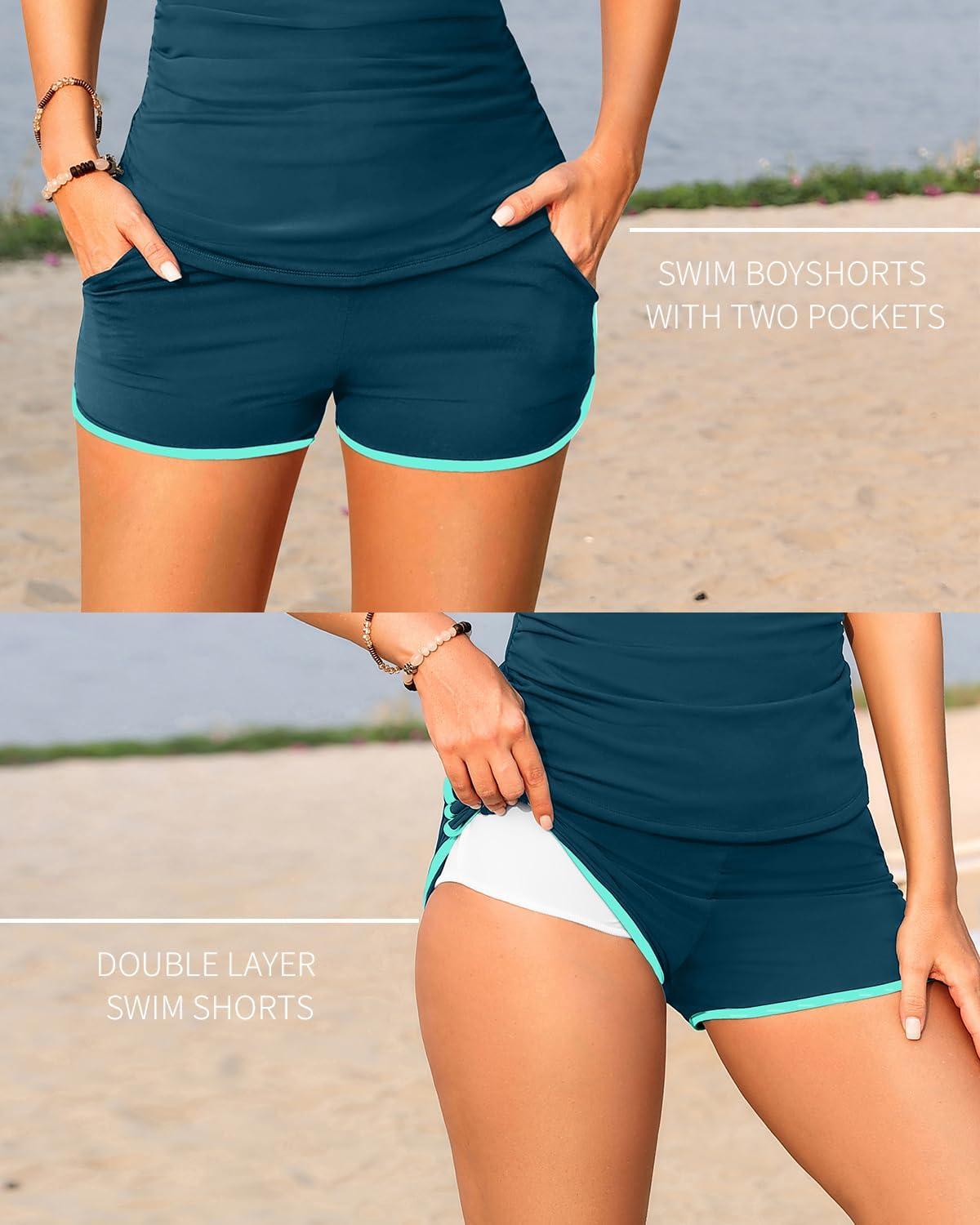 imageWomen Tankini Swimsuit with Shorts  Two Piece Tummy Control Bathing Suit with Pockets 2025 SwimwearTeal and Green