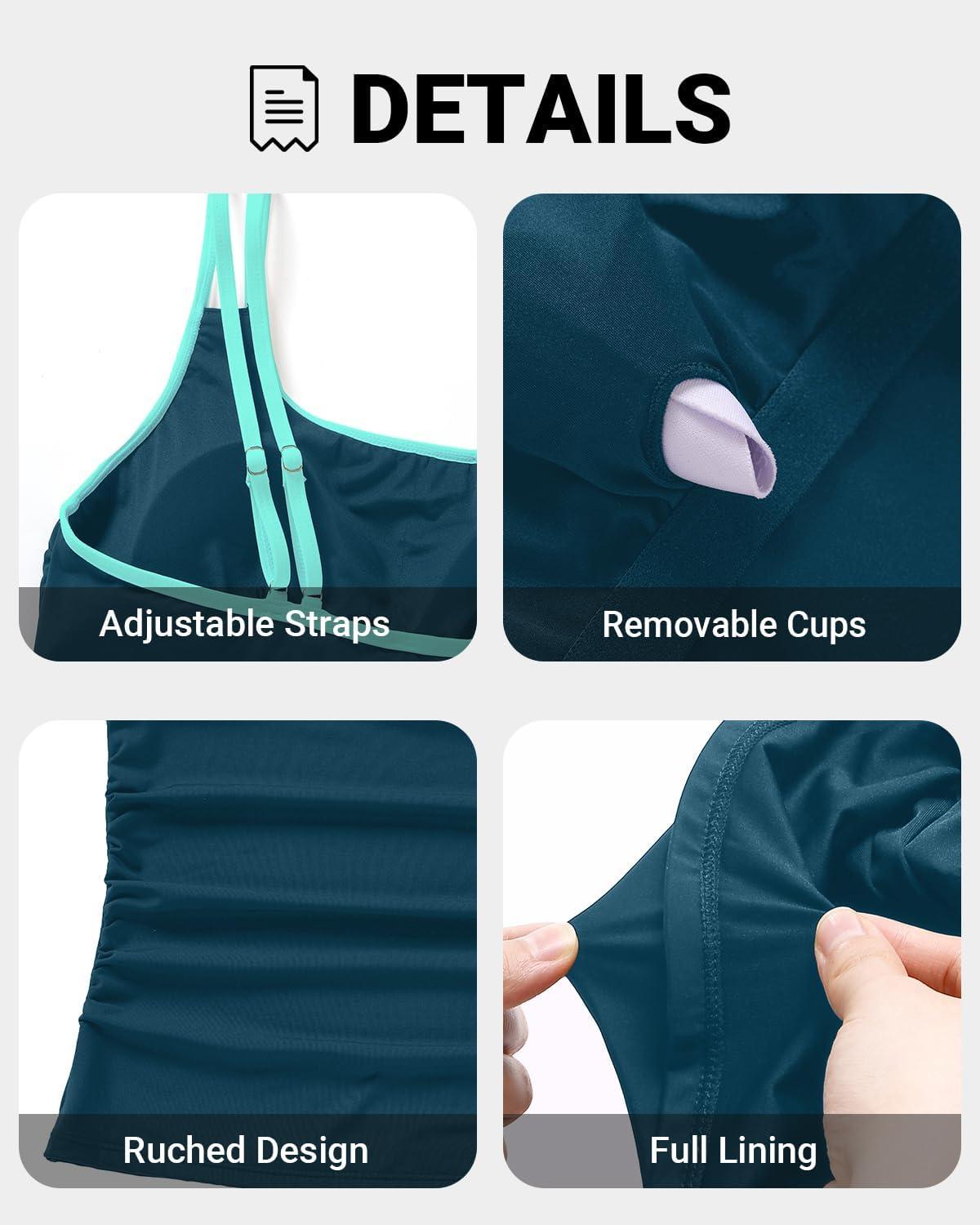 imageWomen Tankini Swimsuit with Shorts  Two Piece Tummy Control Bathing Suit with Pockets 2025 SwimwearTeal and Green