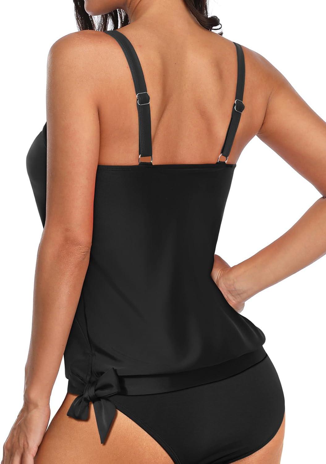 imageYonique Womens Blouson Tankini Top Only Loose Fit Swim Top No Bottom Modest SwimsuitBlack