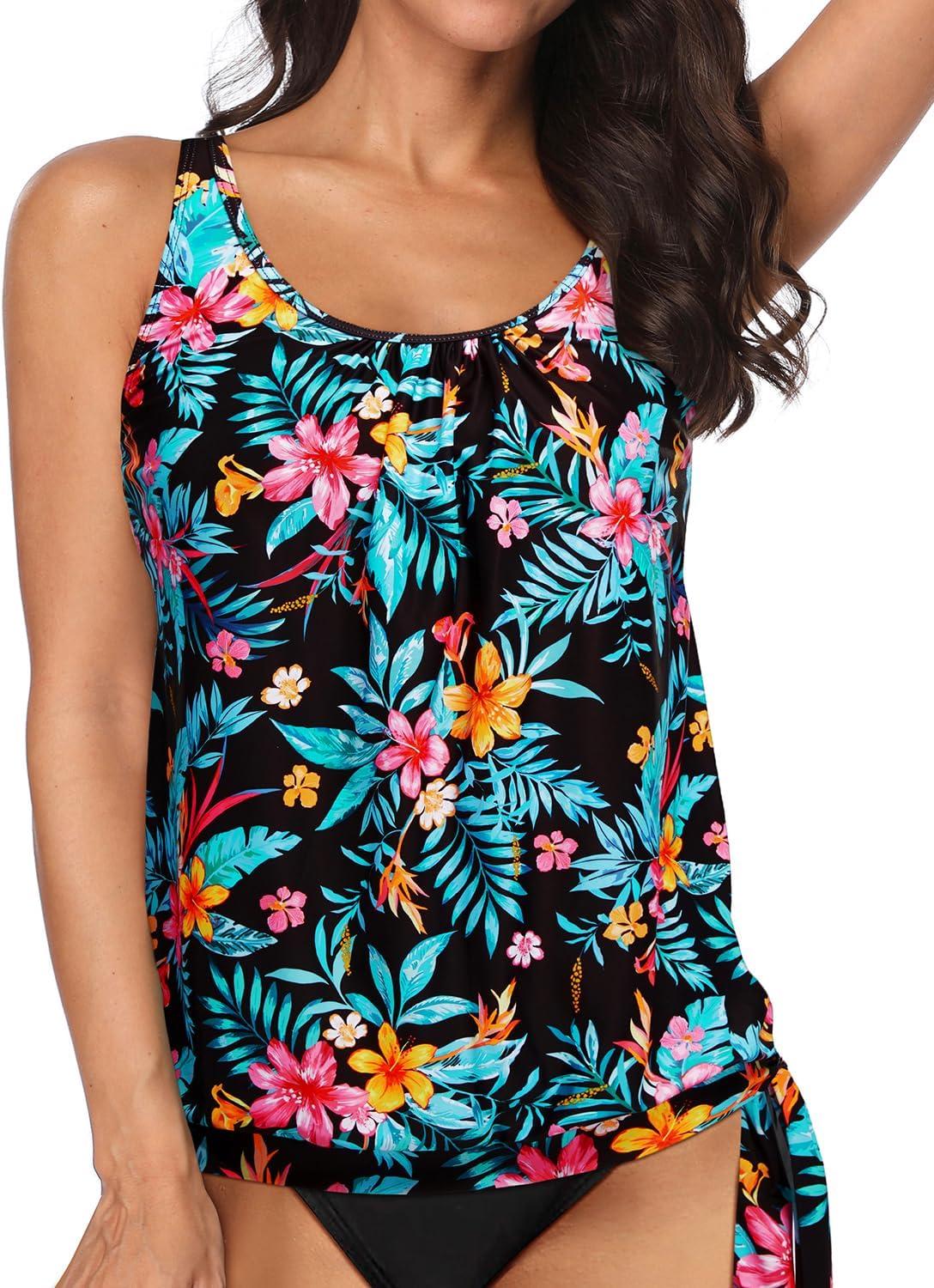 imageYonique Womens Blouson Tankini Top Only Loose Fit Swim Top No Bottom Modest SwimsuitBlack Floral