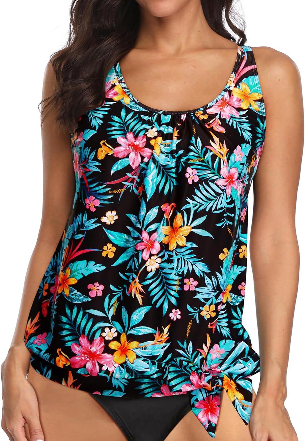 imageYonique Womens Blouson Tankini Top Only Loose Fit Swim Top No Bottom Modest SwimsuitBlack Floral