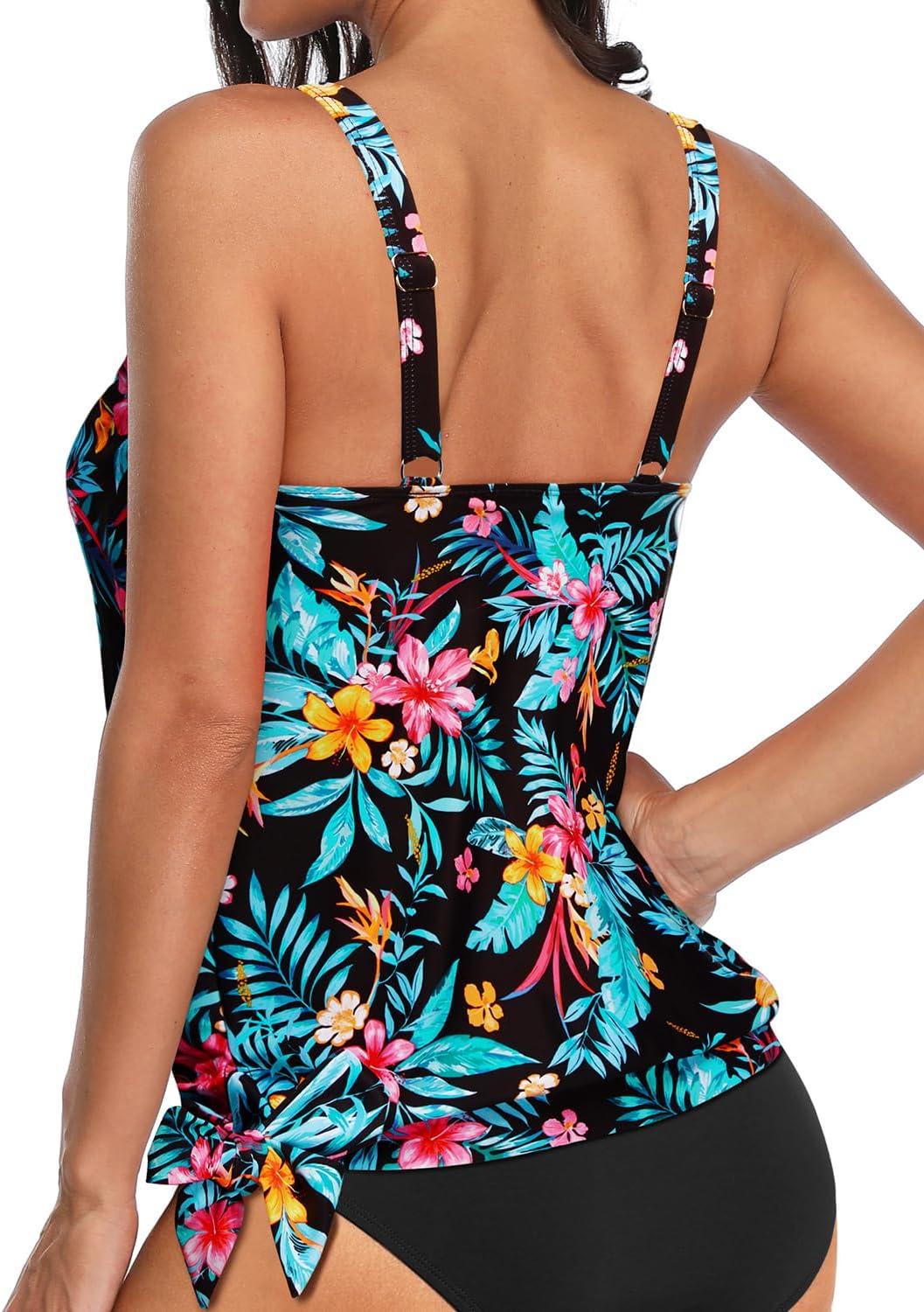 imageYonique Womens Blouson Tankini Top Only Loose Fit Swim Top No Bottom Modest SwimsuitBlack Floral