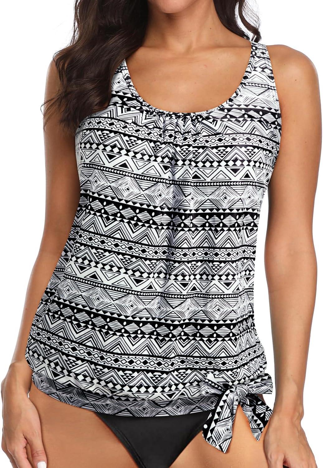 imageYonique Womens Blouson Tankini Top Only Loose Fit Swim Top No Bottom Modest SwimsuitBlack Tribal