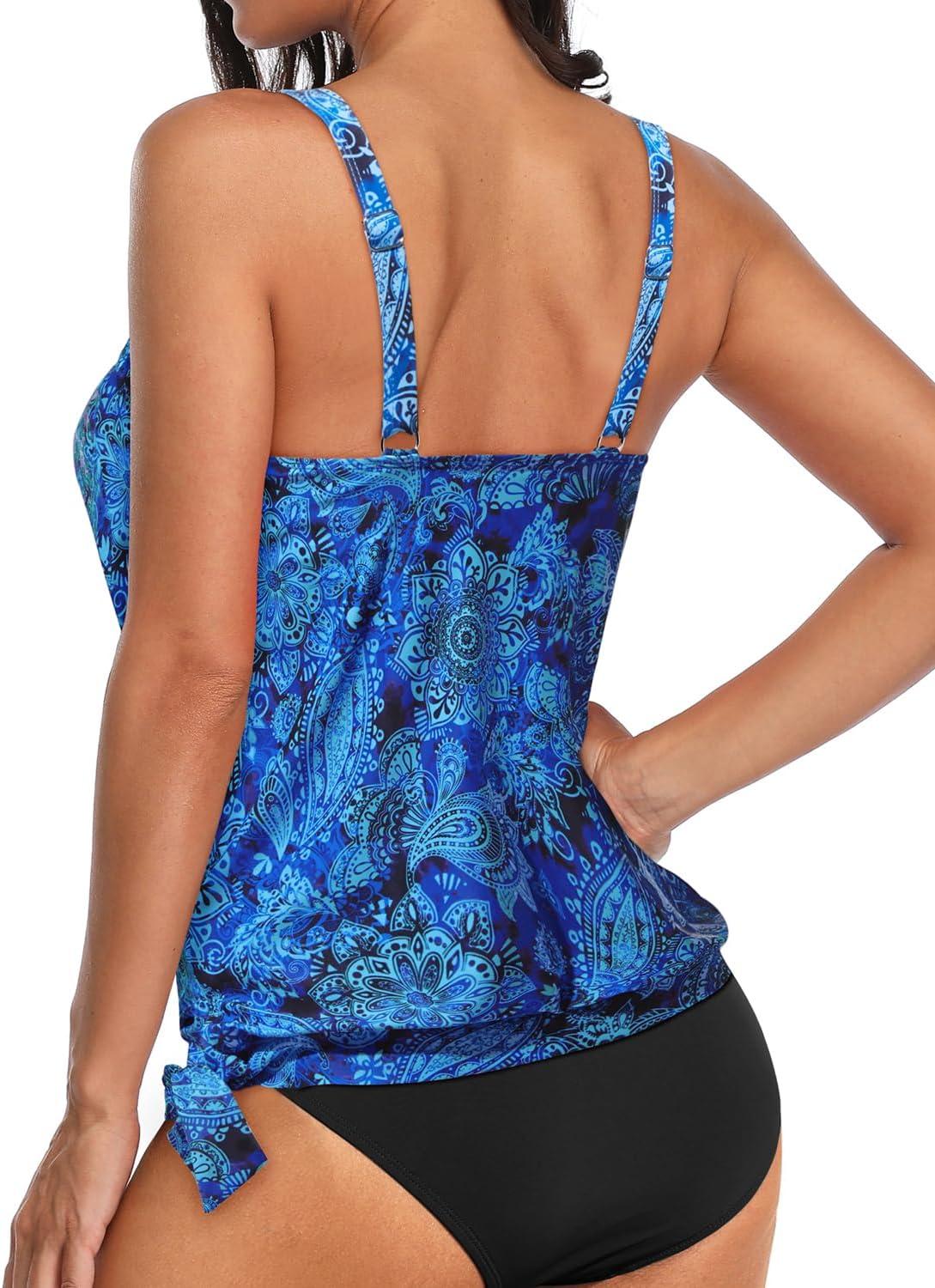 imageYonique Womens Blouson Tankini Top Only Loose Fit Swim Top No Bottom Modest SwimsuitBlue Paisley