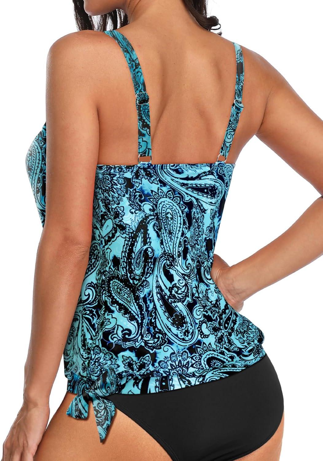 imageYonique Womens Blouson Tankini Top Only Loose Fit Swim Top No Bottom Modest SwimsuitBlue Paisley Print