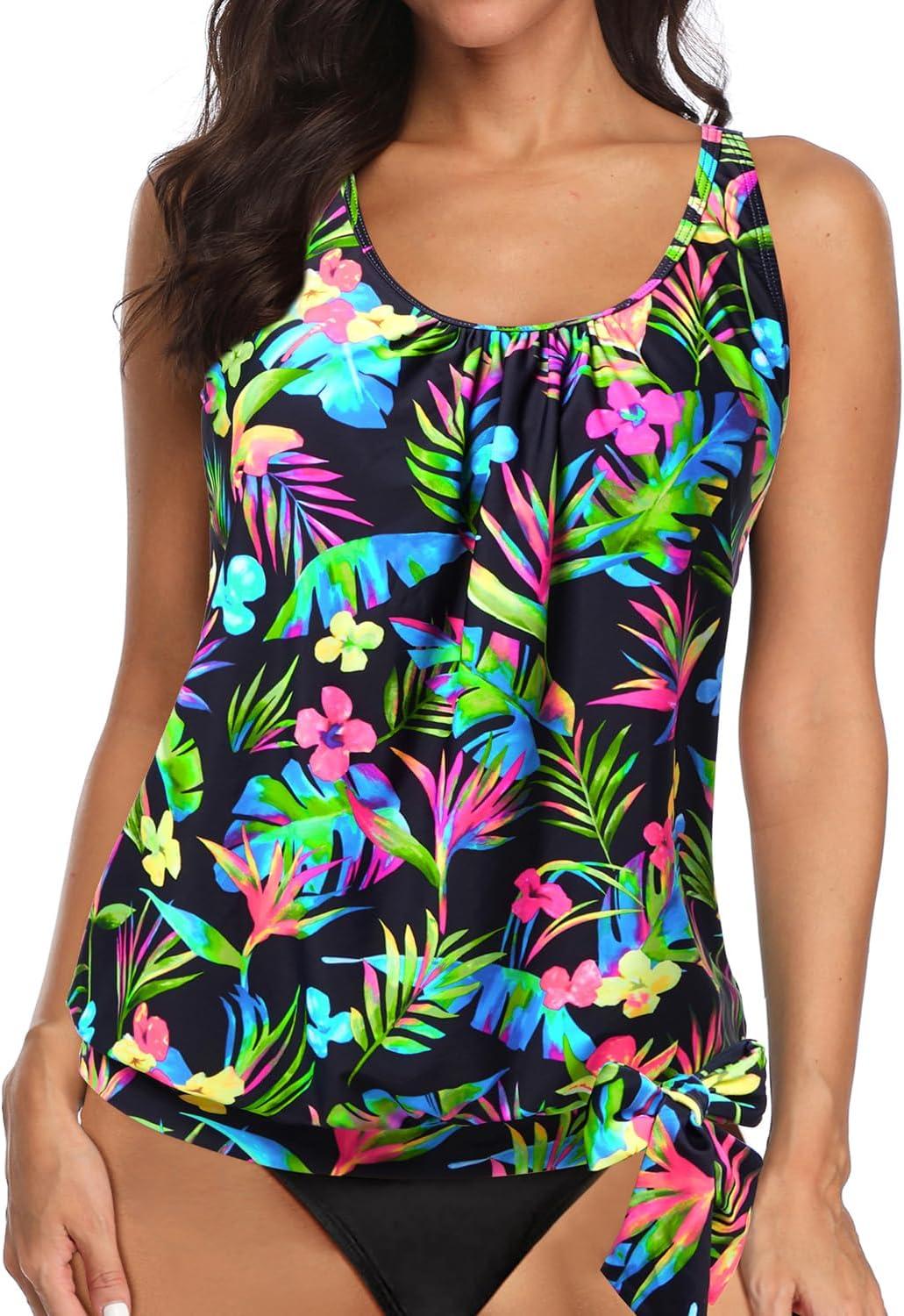 imageYonique Womens Blouson Tankini Top Only Loose Fit Swim Top No Bottom Modest SwimsuitColorful  Leaves