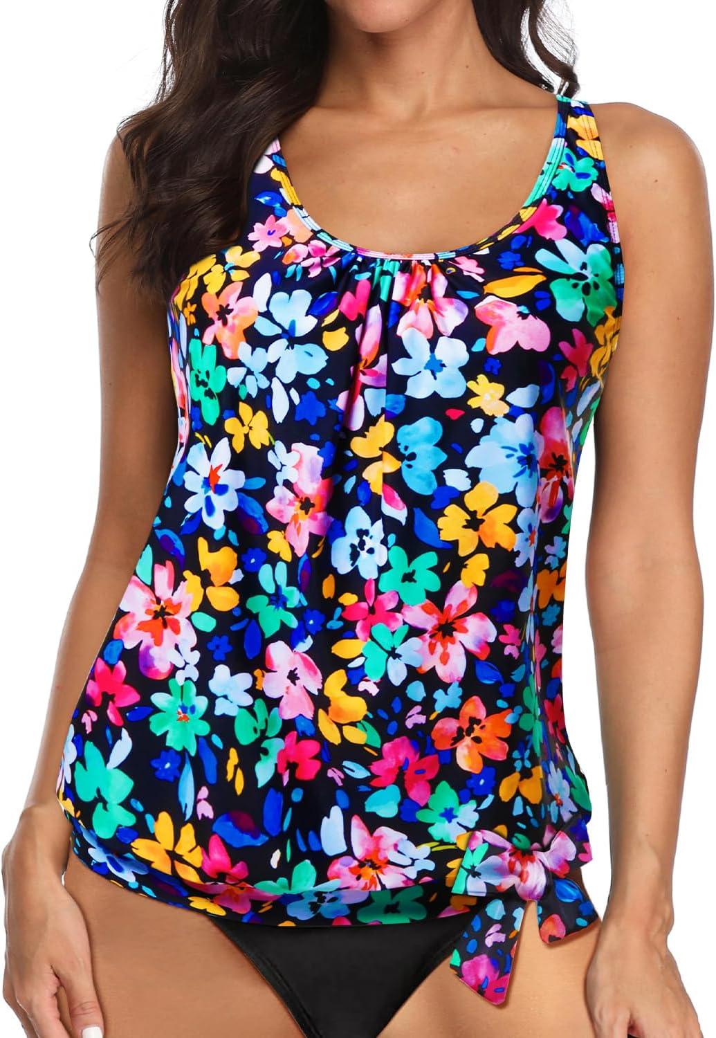 imageYonique Womens Blouson Tankini Top Only Loose Fit Swim Top No Bottom Modest SwimsuitColorful Floral