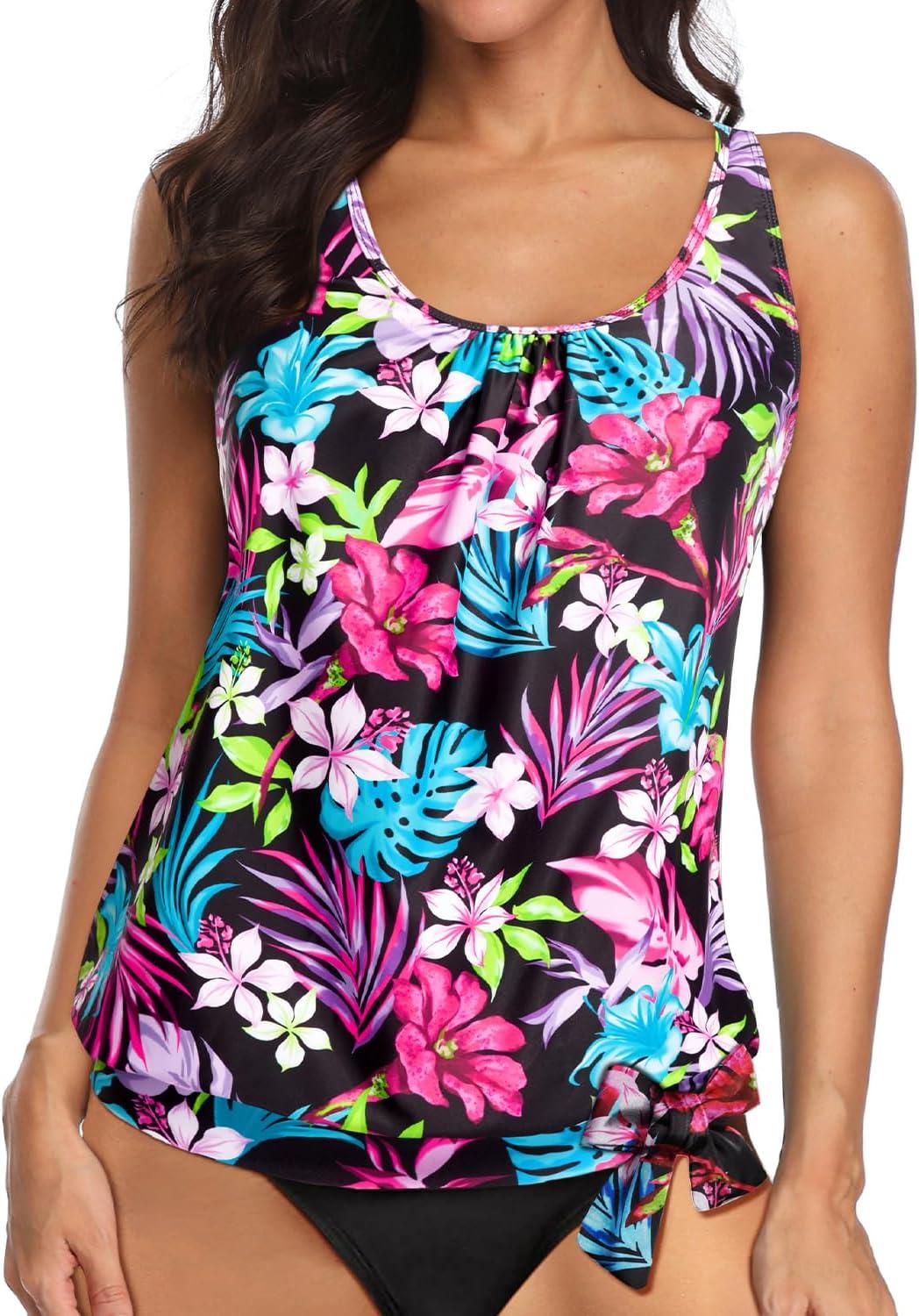 imageYonique Womens Blouson Tankini Top Only Loose Fit Swim Top No Bottom Modest SwimsuitColorful Flower