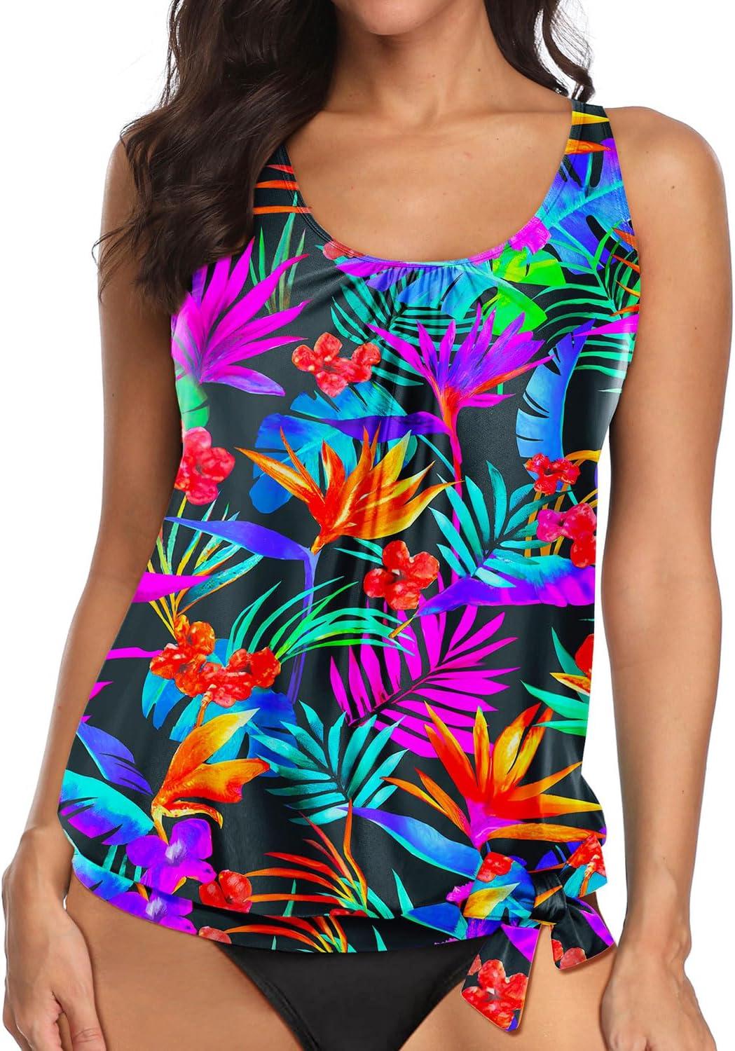 imageYonique Womens Blouson Tankini Top Only Loose Fit Swim Top No Bottom Modest SwimsuitColorful Leaves1