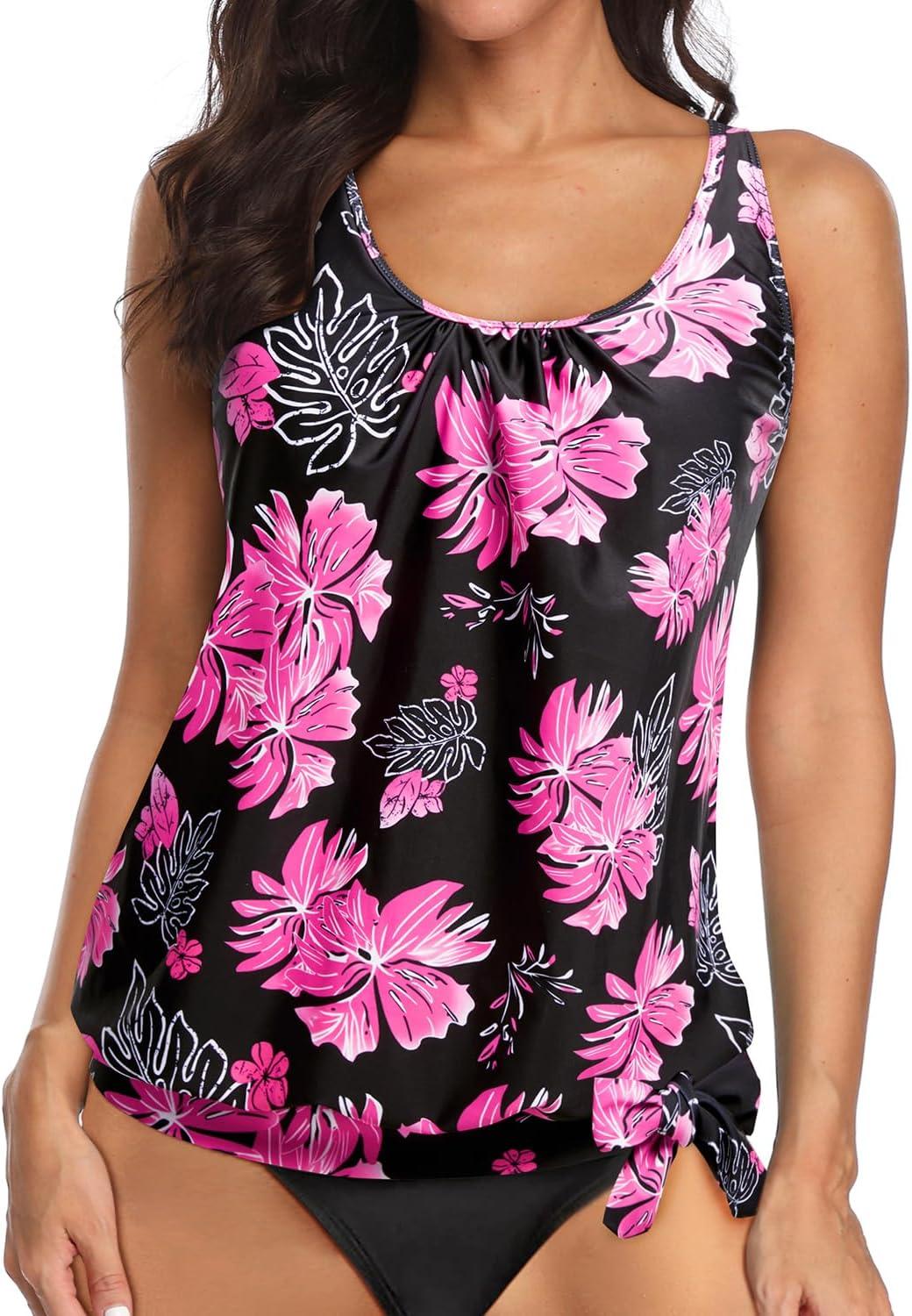 imageYonique Womens Blouson Tankini Top Only Loose Fit Swim Top No Bottom Modest SwimsuitPink Floral
