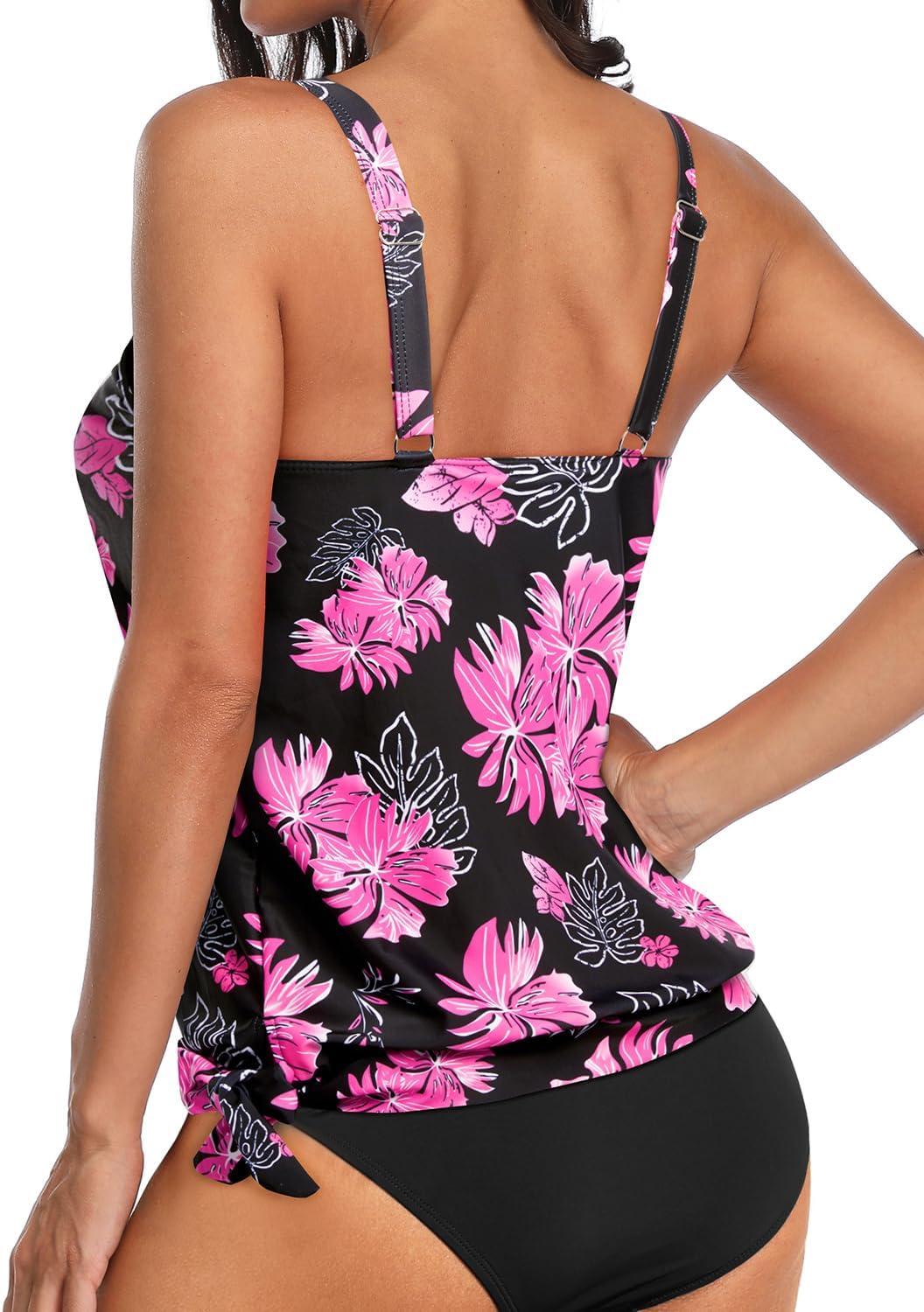 imageYonique Womens Blouson Tankini Top Only Loose Fit Swim Top No Bottom Modest SwimsuitPink Floral