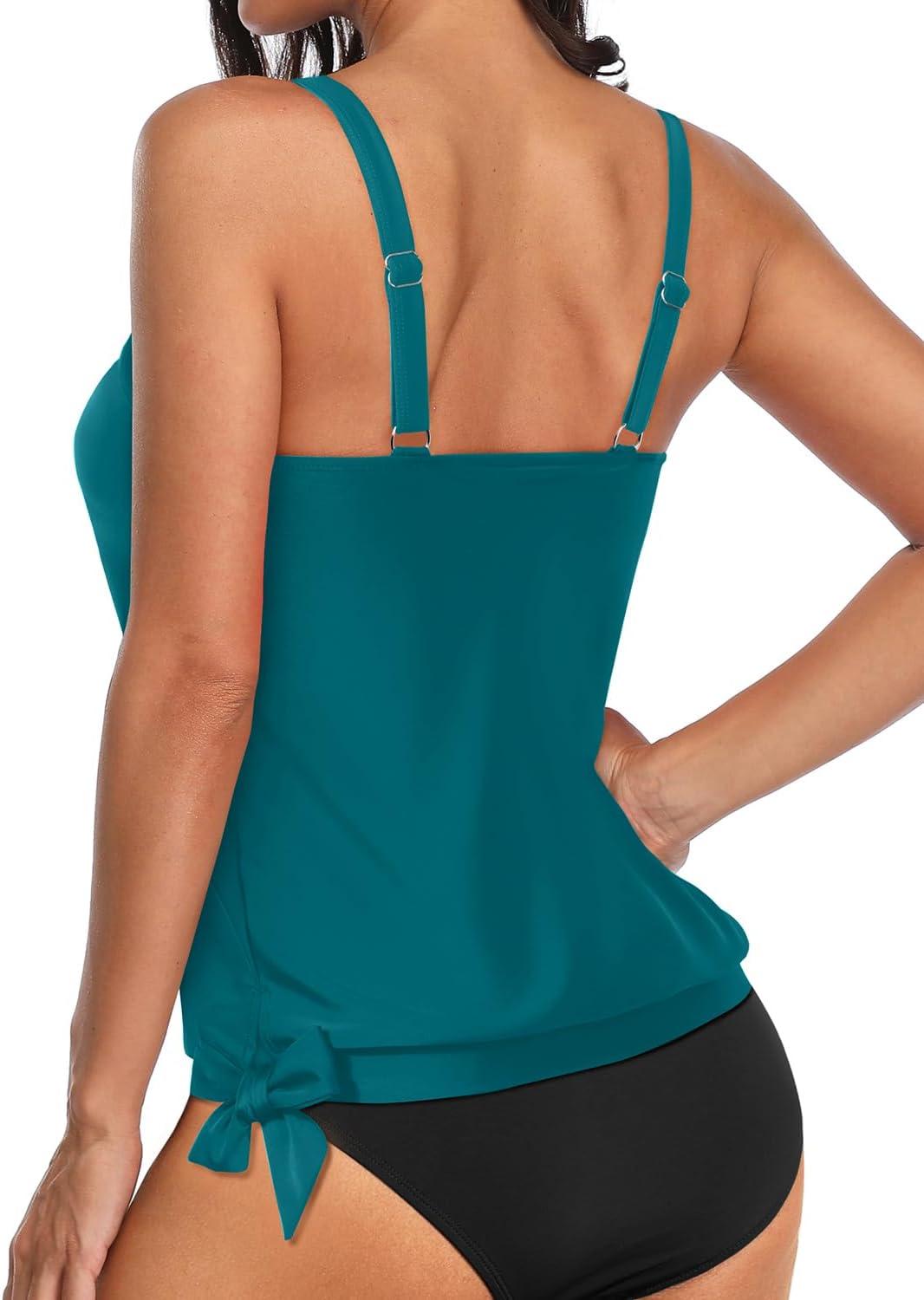 imageYonique Womens Blouson Tankini Top Only Loose Fit Swim Top No Bottom Modest SwimsuitTeal