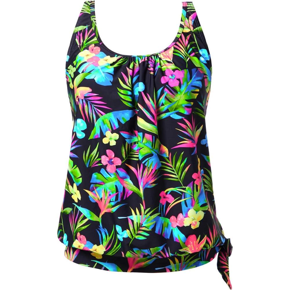 imageYonique Womens Blouson Tankini Top Only Loose Fit Swim Top No Bottom Modest SwimsuitColorful  Leaves