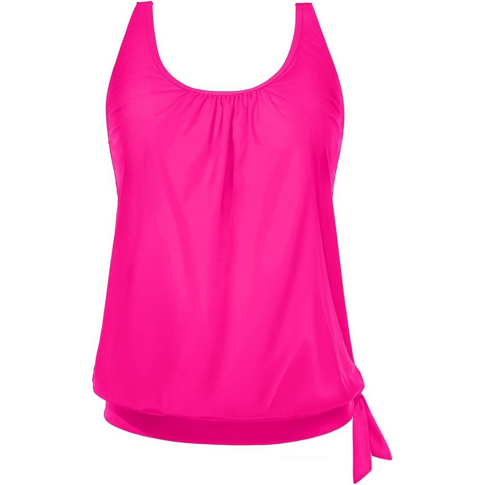 imageYonique Womens Blouson Tankini Top Only Loose Fit Swim Top No Bottom Modest SwimsuitHot Pink