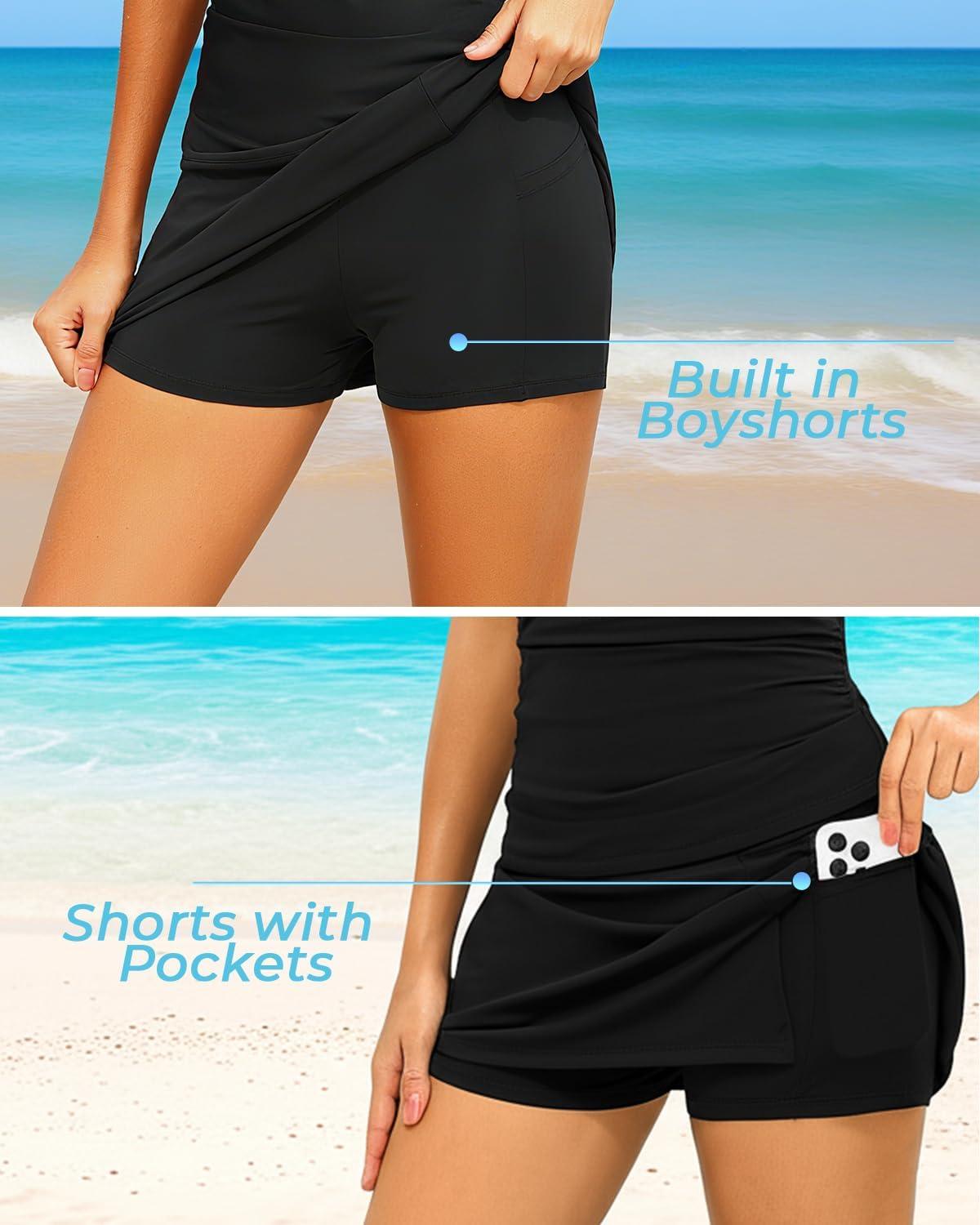 imageWomen Two Piece Tankini with Skirt  Tummy Control High Neck Swimsuit with Built in Pockets 2025 Ladies Bathing SuitBlack