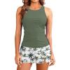 imageWomen Two Piece Tankini with Skirt  Tummy Control High Neck Swimsuit with Built in Pockets 2025 Ladies Bathing SuitGreen Palm Tree